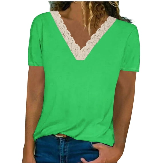 Spring Tops for Women 2025 Viikei Womens Tops Elegant Plus Size Short Sleeve Lace V-Neck Loose Fit Lightweight Solid Color Basic Casual Blouse and Tops for Spring Summer Women's Top