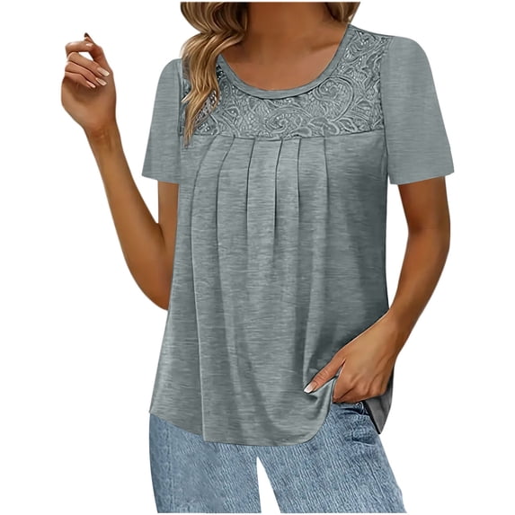 Spring Tops for Women 2025 Viikei Womens Tops Plus Size Elegant Short Lace Sleeve Splicing O-Neck Ruffle Blouse Leisure Loose Shirt Trendy Lines Solid Color Tee forSpring Summer Women Blouse Tops