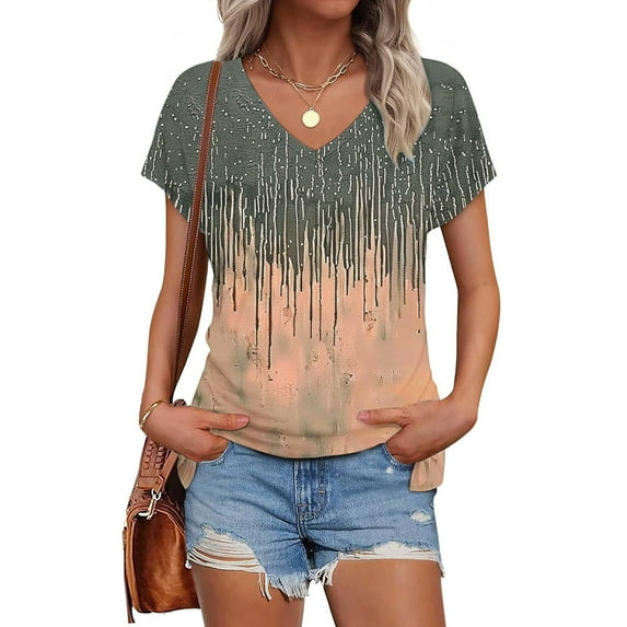 Spring Tops for Women 2025 Viikei Womens Tops Short Sleeve Cotton,Blouse for Women Dressy Casual,Women's Printed V-neck Short-sleeved T-shirt Loose Top Short Sleeve Top Multicolor M
