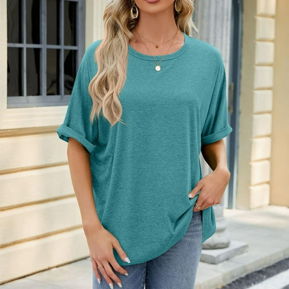 Spring Tops for Women 2025 Viikei Womens Tops Short Sleeve Plus Size Trendy O-Neck Solid Color Basic Tee forWomen Leisure Loose Fit Blouses forSpring Summer Womens Print Tops Funny T-Shirt