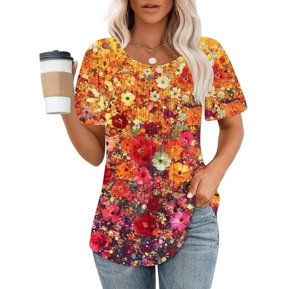 Spring Tops for Women 2025 Viikei Womens Tops Short Sleeve Prints,Women's Summer Casual Tops Round Neck,Ladies' Casual Short Sleeved Loose Round Neck Printed Top Multicolor XXL