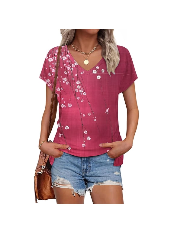 Spring Tops for Women 2025 Viikei Womens Tops Short Sleeve Pullover,Tops for Women,Women's Printed V-neck Short-sleeved T-shirt Loose Top Short Sleeve Top Multicolor XXL