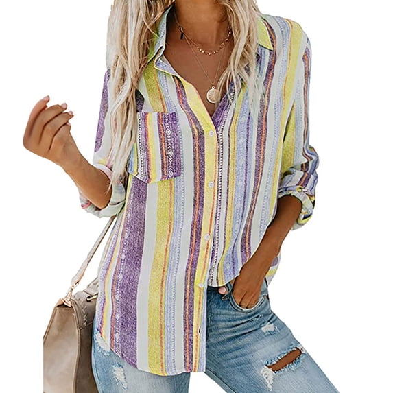 Spring Tops for Women 3/4 Sleeve Shirts for Women Plus Size Womens Fashion V Neck Striped Roll Up Sleeve Blouses Tops With Pocket Loose Shirt Yellow S