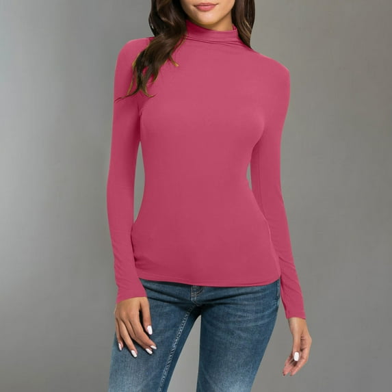 Spring Tops for Women Womens Tops under $10 Fashion Womens Solid Color Turtle Neck Long Sleeve Knitting T-Shirt Slim Blouse Tops
