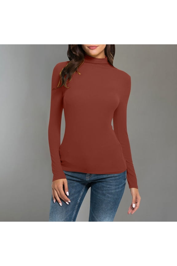 Spring Tops for Women Base Layers for Women Fleece High Resilience Womens Solid Color Turtleneck Long Sleeve Knitting Compression Base Layer Slim Fit Blouse Tops Red M
