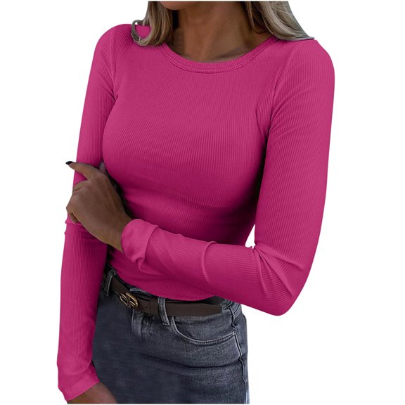 Spring Tops for Women Base Layers for Women Fleece Womens Long Sleeve Scoop Neck Ribbed Knit Casual Tops Tee Slim Fit Basic Shirts Base Layer Women Top Pink M