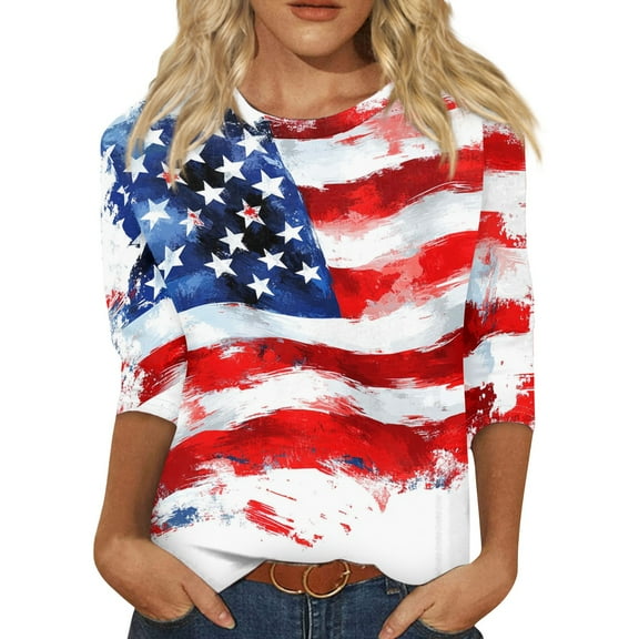 Spring Tops For Women, Casual 3/4 Length Sleeve 4Th Of July Collar Pullover Top Red White And Royal Blue T Shirt Summer Tops Aesthetic Clothes Shirts Women Tank Tops Outfits (S, Red) ZMTing