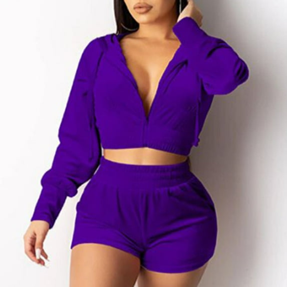 Spring Tops for Women Clothes under $5.00 Women's Two-Piece Sweatshirt Solid Color Long Sleeve Zippered Coat Slim Fitting Shorts Gold Velvet Suit/Purple S