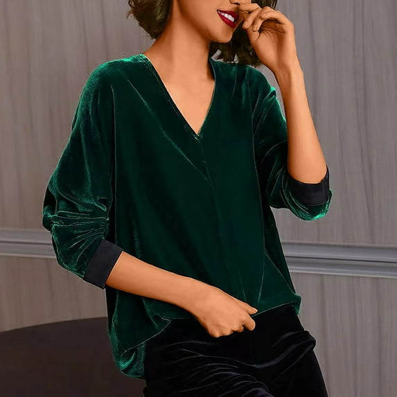 Spring Tops for Women Homenesgenics Clothes under $5.00 Fashion Versatile Temperament Women Solid Golden Velvet Long Sleeved V-Neck Top/Green XXL