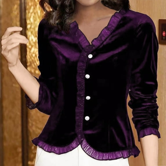 Spring Tops for Women Homenesgenics Clothes under $5.00 New Women's Style V-Neck Pullover with Golden Velvet Bottom Warm Coat Long Sleeved Top/Purple XXL