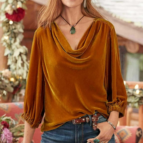 Spring Tops for Women Homenesgenics Clothes under $5.00 Women's Gentle Temperament Solid Gold Velvet Versatile Stacked Neck Pleated T-shirt/Orange XL