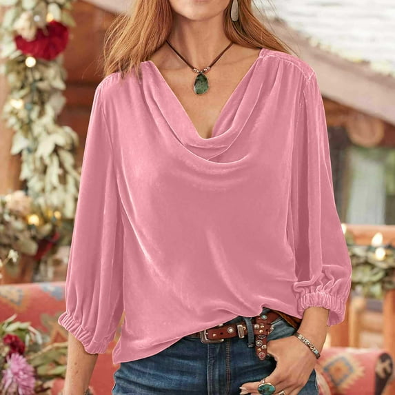 Spring Tops for Women Homenesgenics Clothes under $5.00 Women's Gentle Temperament Solid Gold Velvet Versatile Stacked Neck Pleated T-shirt/Pink S