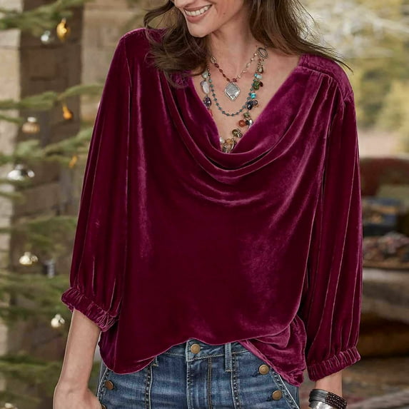Spring Tops for Women Homenesgenics Clothes under $5.00 Women's Gentle Temperament Solid Gold Velvet Versatile Stacked Neck Pleated T-shirt/Pink XL