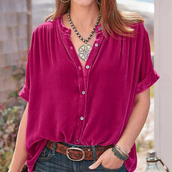 Spring Tops for Women Homenesgenics Clothes under $5.00 Women's Temperament Texture Gold Velvet Solid Short Sleeve Round Neck Shirt/Pink XXL