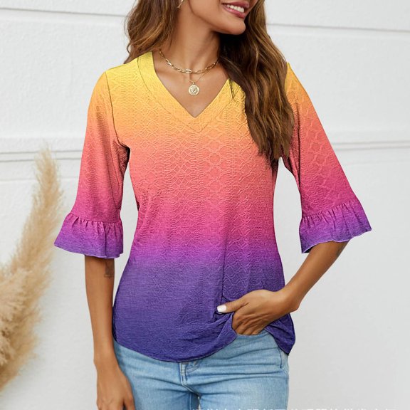 Spring Tops for Women Long Sleeve Shirts for Women Plus Size under $5 Women's Fall Trendy Split Flare Sleeves V-Neck Casual Loose T-shirt Top Yellow L