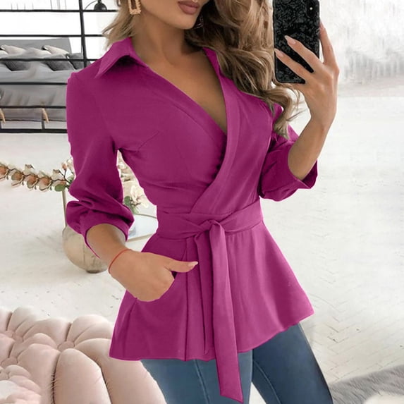 Spring Tops for Women Long Sleeve Shirts for Women Plus Size Women Casual Shirt Solid Bandage V-Neck Polluer Blouse Tops with Pocket Womens Fall Clothing New Arrivals Pink M