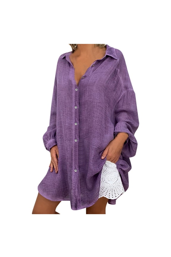 Spring Tops for Women Long Sleeve Shirts for Women Plus Size Women's Linen Shirt Roll-Up Sleeve Tops Button Tunic Pockets Blouse Womens Fall Clothing New Arrivals Brown XXL