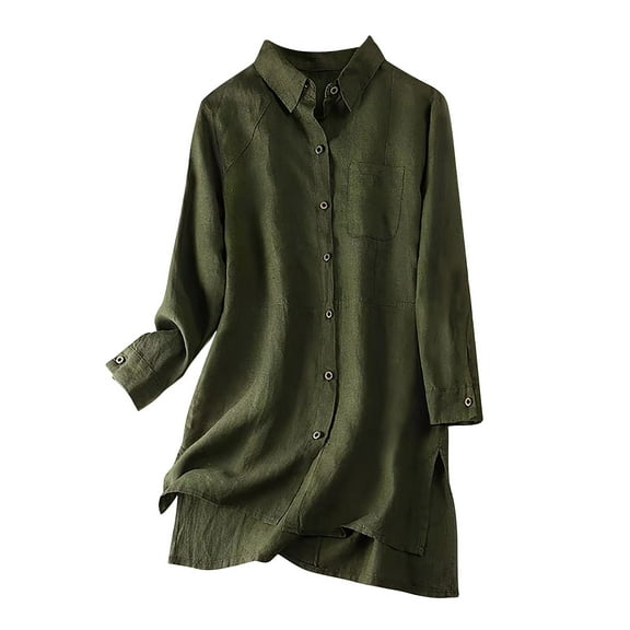 Spring Tops for Women Long Sleeve Shirts for Women Plus Size Women's Linen Shirt Roll-Up Sleeve Tops Button Tunic Pockets Blouse Womens Fall Clothing New Arrivals Green M