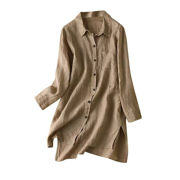 Spring Tops for Women Long Sleeve Shirts for Women Plus Size Women's Linen Shirt Roll-Up Sleeve Tops Button Tunic Pockets Blouse Womens Fall Clothing New Arrivals Brown L