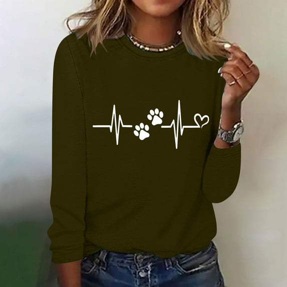 Spring Tops for Women Long Sleeve Shirts for Women Plus Size Women's Printed Round Neck Pullover Casual Women's Womens Fall Clothing New Arrivals Green L