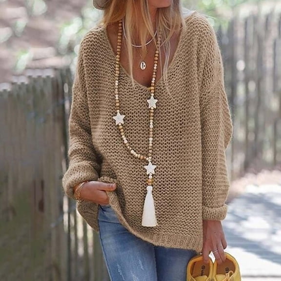 Spring Tops for Women Pullover Sweaters for Women Womens Sweaters Pullover Women Trendy V-Neck Loose Pullover Solid Color Long Sleeves Sweater Tops Brown M
