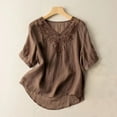 thumbnail image 1 of Spring Tops for Women Short Sleevet Shirts for Women Spring Summer 2025 Womens Solid Color Casual Loose Fashion T-Shirt V-Neck Embroidery Tops Cotton and Linen Blouse, 1 of 7