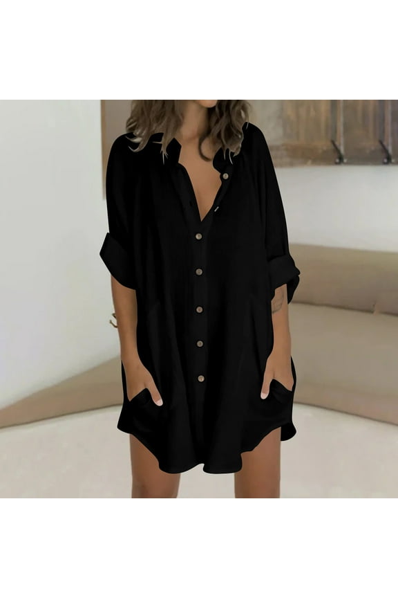 Spring Tops for Women Tops for Women Long Sleeve 3/4 Sleeve Womens Solid Color V Neck Loose Blouse Long Sleeve Casual Work Tunic Tops with Pocket Black XL