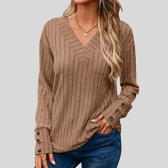 Spring Tops for Women Viikei Womens Clothes Fall,Long Sleeve Tops for Women Trendy,Women's Solid Color Long Sleeved Round Neck Pullover Top Coffee XXL