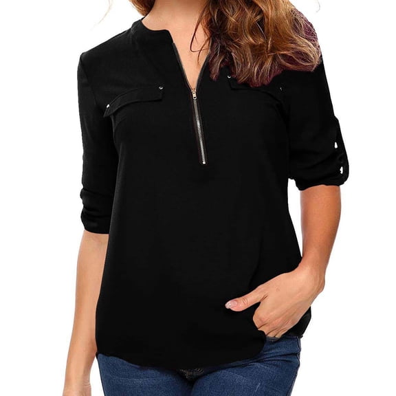 Spring Tops for Women Viikei Womens Clothes Fall,Tops for Women Plus Size Long Sleeves,Women's Summer Long Sleeve Zip Casual Tunic V-Neck Rollable Blouse Tops Black L