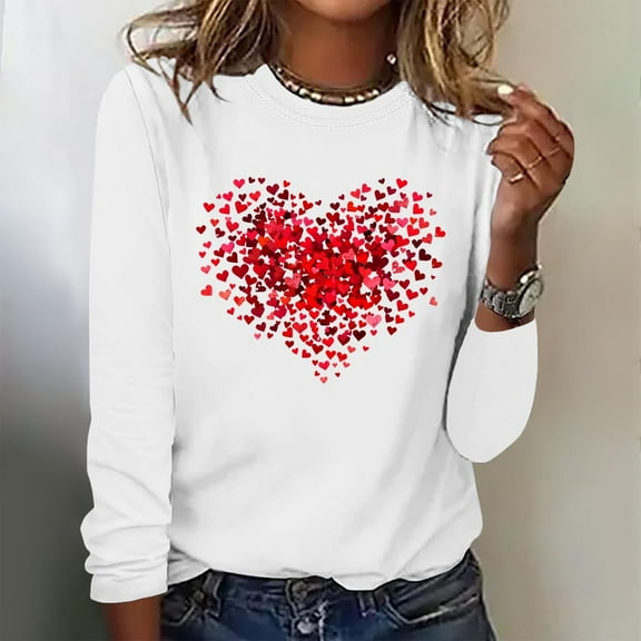 Spring Tops for Women Viikei Womens Clothes Plus Size,Sweatshirts for Women Loose Fit,Women's Valentine's Day Fashion Print Loose Comfortable Crew-neck Long Sleeve Tops White S