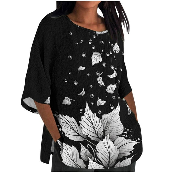 Spring Tops for Women Viikei Womens Fall Long Sleeve Tunic Tops,Plus Size Blouse for Women,Women's Ladies Fashion Casual Cropped 3/4 Sleeve Printing Loose Shirt Blouse Top Black XXXXXL
