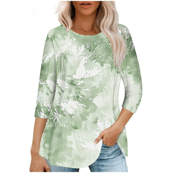 Spring Tops for Women Viikei Womens Plus Size Tops,Sweatshirts for Women Oversized,Women Casual Summer Printed T-shirt Quarter Sleeve Round Neck Ruched Pullover Blouse Tops Green M