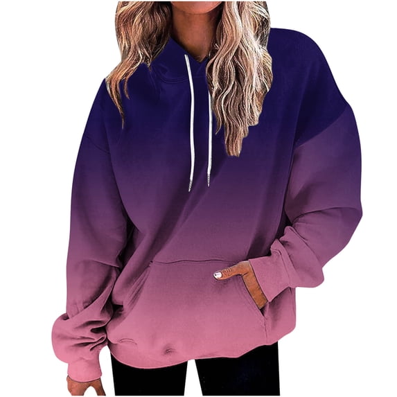Spring Tops for Women Viikei Womens Stylish Sweatshirt for Spring Fall Plus Size Long Sleeved Trendy Gradient Printed Loose Pullover Hoodies Women's Pocket Long Sleeve Blouse Tops Sweatshirt Hoodies