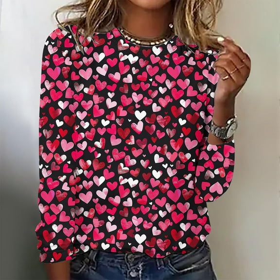 Spring Tops for Women Viikei Womens Tops Long Sleeve Dressy Casual,Women's Valentine's Day Fashion Print Loose Comfortable Crew-neck Long Sleeve Tops Hot Pink L