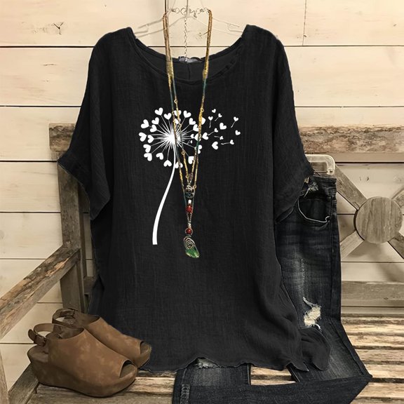 Spring Tops for Women Viikei Womens Tops Plus Size,Women's Fashion Print Tees Casual Crew Neck Raglan Short Sleeve Loose T Shirt Linen Blouses Black M