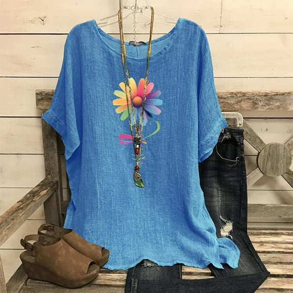 Spring Tops for Women Viikei Womens Tops Short Sleeve,Tops for Women 2025,Women's Fashion Print Tees Casual Crew Neck Raglan Short Sleeve Loose T Shirt Linen Blouses Blue L