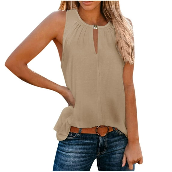 Spring Tops for Women Viikei Womens Tops Sleeveless Plus Size Trendy Off-Shoulder O-Neck Hollow Out Tank Tops Comfy Loose Blouse Stylish Solid Color Vest Blouses for Spring Summer Round-neck Top