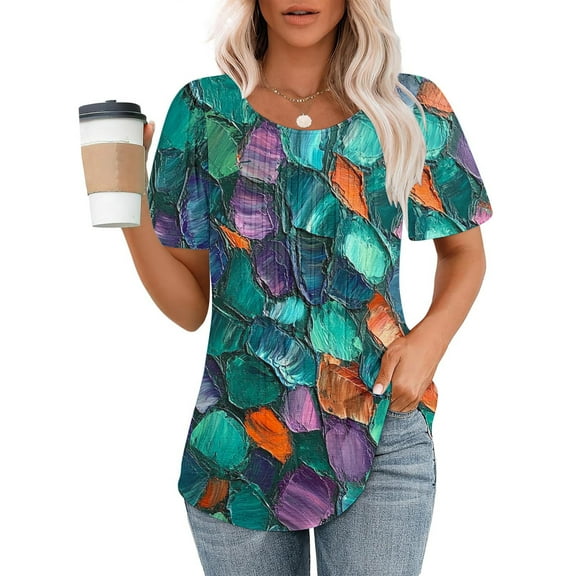 Spring Tops for Women Viikei Womens Tops Trendy,Plus Size Womens Tunic Tops Short Sleeve,Ladies' Casual Short Sleeved Loose Round Neck Printed Top Multicolor XXL