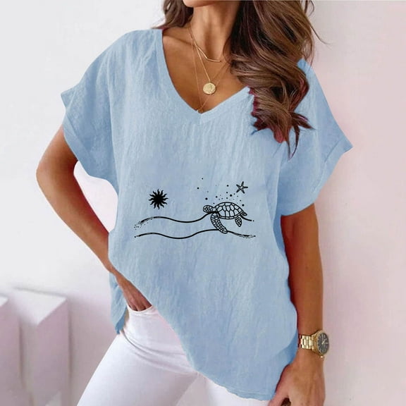 Spring Tops for Women Viikei Womens Tops Trendy,Plus Size Womens Tunic Tops Short Sleeve,Women V-neck Print T-Shirts Fashion Comfortable Female Blouses Blue M