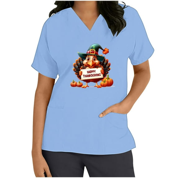 Spring Tops for Women Viikei Womens Tops Trendy,Womens Plus Size Clearance $5,Women Short Sleeve V-neck Working Uniform Thanksgiving Print with Pockets Blouse Protective Clothing Blue XL