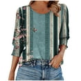 thumbnail image 1 of Spring Tops for Women Women's Casual Blouses Fashion Retro Printed 3/4 Length Sleeve Shirts Crew Neck Pullover Summer Elastic Cuffs with Pleats T-Shirts, 1 of 5