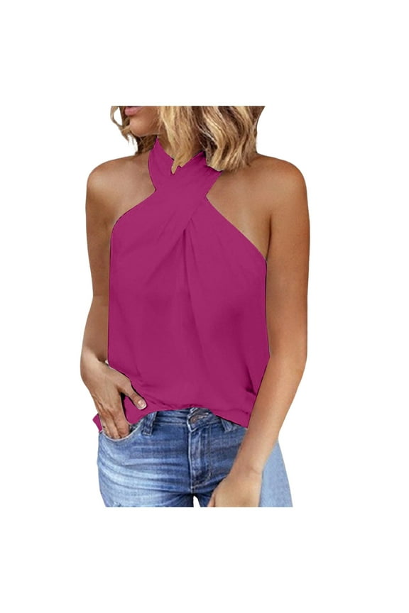 Spring Tops for Women Women's Fashion Solid Color Sleeveless Halterneck Vest Top Long Sleeves Long Sleeve T Shirt Tee Womens Polyester Spandex Shirt Womens Compression Shirts Sleeve Fitted Red L