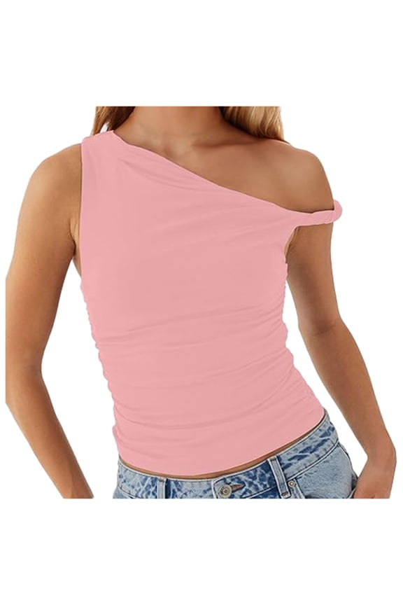 Spring Tops for Women Women's Summer Solid Color Shoulder Slant Collar Fold Asymmetric Top Women's Tank Top Strap Top Cleavage Women Dressy Corsets Top for Women Top Blouse