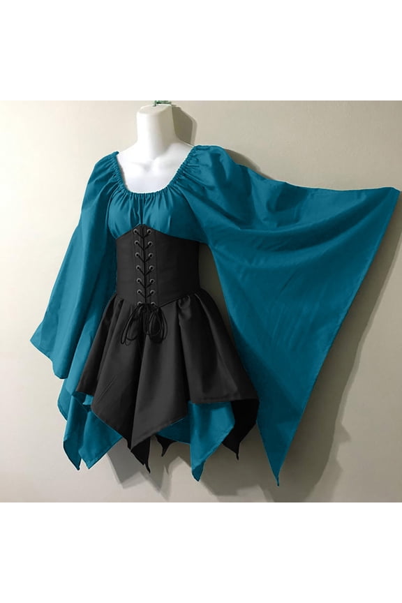 Spring Tops for Women Womens Dresses Plus Size Fall Women Costumes Gothic Retro Long Sleeve Corset Dresses Long Sleeve Round-Neck Knee-High Dress