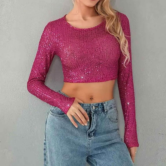 Spring Tops for Women Womens Long Sleeve Tops Cropped Women's Sexy and Fashionable Beaded T-shirt with Sequins Solid Color Exposed Navel Long Sleeved Top Pink S