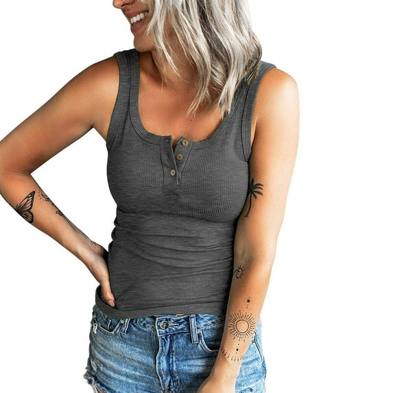Spring Tops for Women Womens Tops under $10 Spring Summer 2025 Women Casual Tanks Sleeveless Buttons Slimming Solid Pullover Vest Blouse Tops