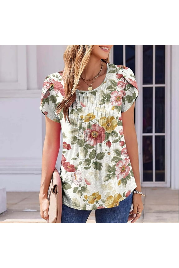 Spring Tops for Women Womens Tops under $5 Free Shipping Breathable Women Casual Short Sleeve Flared Sleeves V-Neck Solid Loose T-Shirt Blouse Tops Gifts for Women