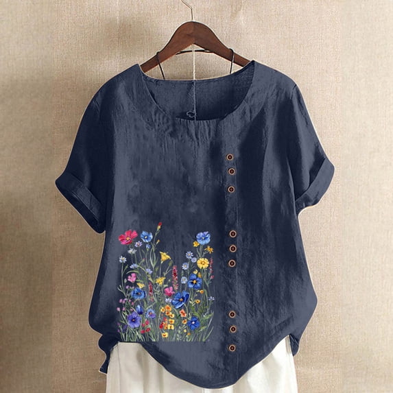 Spring Tops for Women Womens Tops under $5 Summer Cotton Linen Floral Print Short Sleeve Button Plus Size Shirts Blouses for Women $5 Workout Casual Tunic Tops Casual 2025 Blue L