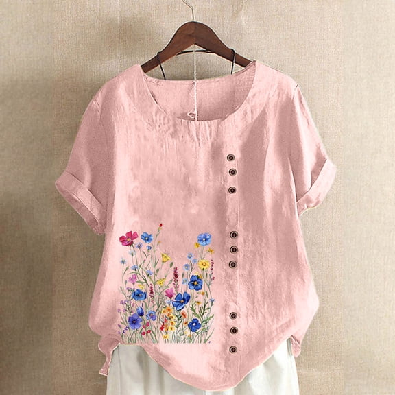 Spring Tops for Women Womens Tops under $5 Summer Cotton Linen Floral Print Short Sleeve Button Plus Size Shirts Blouses for Women $5 Workout Casual Tunic Tops Casual 2025 Pink XL