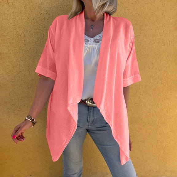 Spring Tops for Women Womens Tops under $5 Summer Cotton Linen Short Sleeved Cardigan with Pocket Plus Size Shirts Blouses for Women $5 Workout Tunic Tops New Casual 2025 Pink L